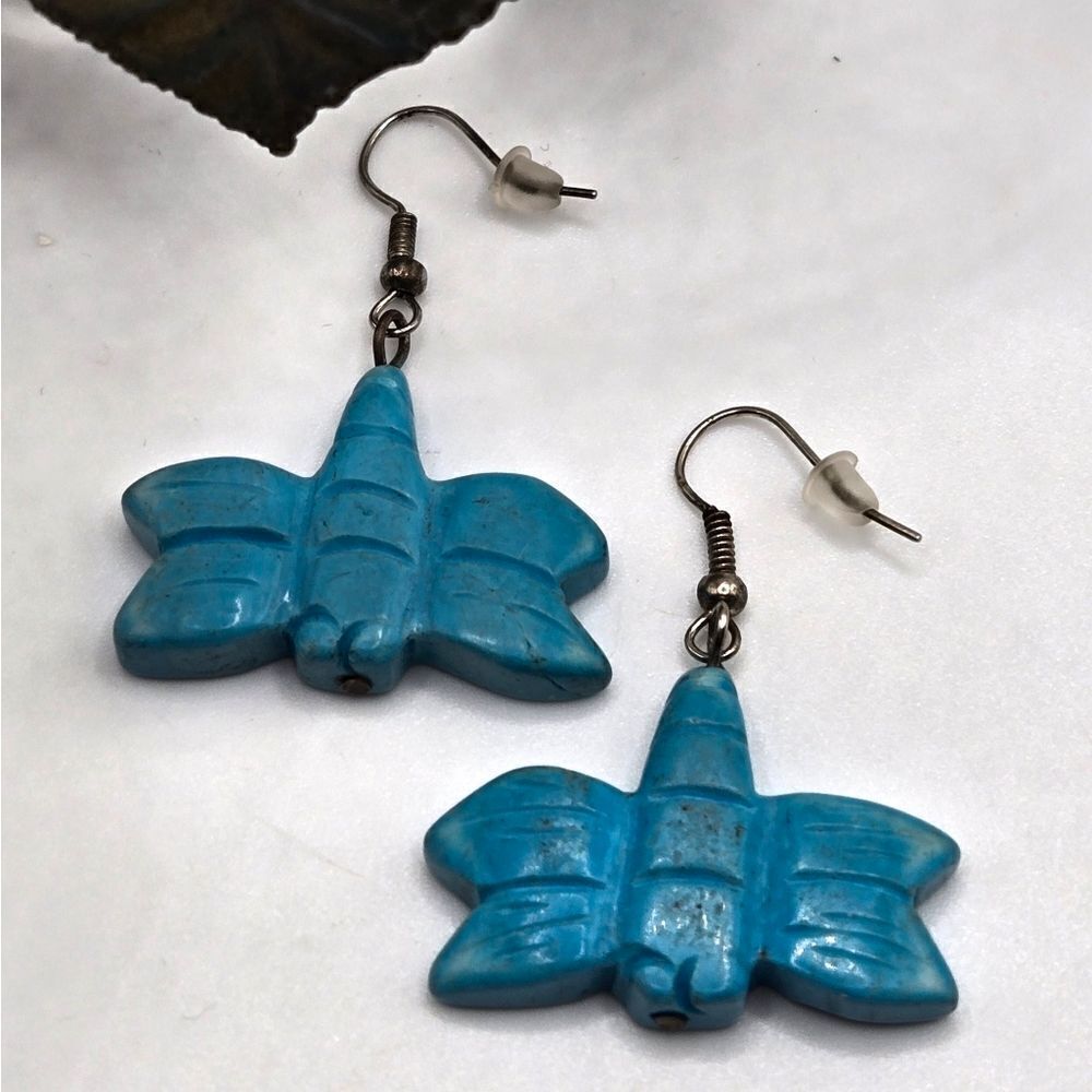 "5/$25" Carved Howlight Turquoise Bee Dangle Earrings Silvertone French Wire